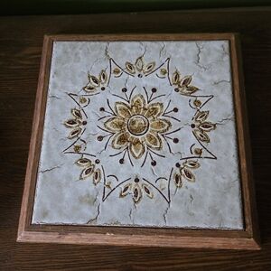 Decorative Vintage Hot Plate Trivet Tile with Floral Mandala and Wood Border